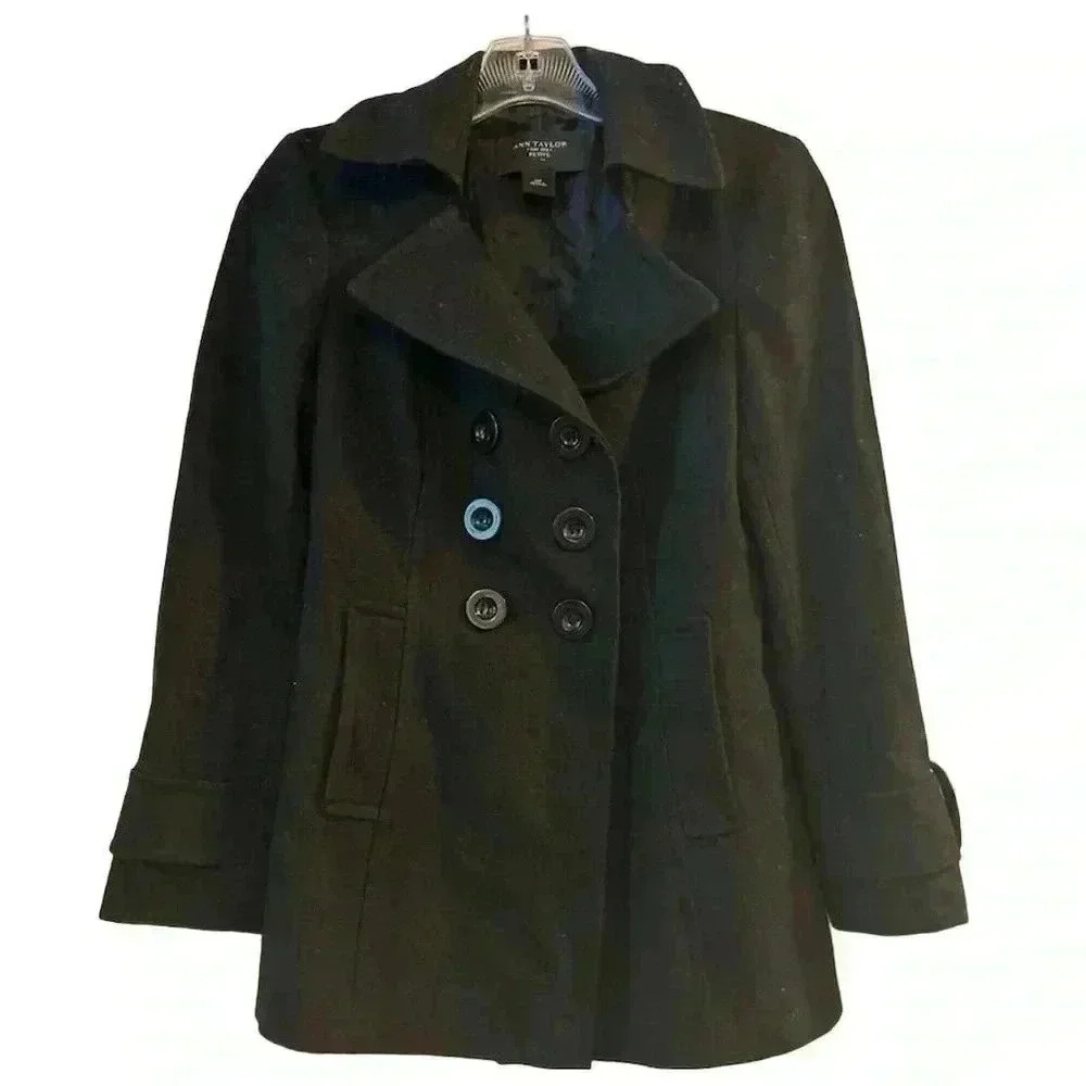 Ann Taylor Wool Blend Black Doublebreasted Pea Coat-Size XSP